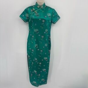 Green Floral Brocade Cheongsam Qipao Dress Mandarin Collar Frog Closure Costume